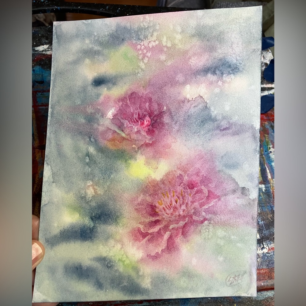 Peonies floral original painting signed watercolor handmade artwork home decor